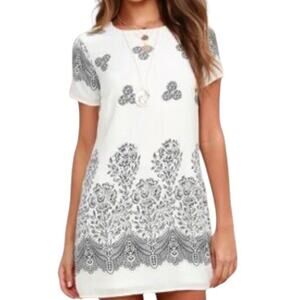 Lulus Riverside Floral Print Shift Mini Dress White Black Short Sleeve XS Retro